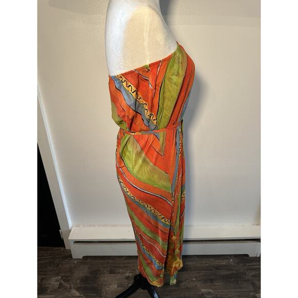 Vintage 90s Carole Little Orange Green Beach Boho Abstract Striped Dress Sz 14 - Picture 3 of 8